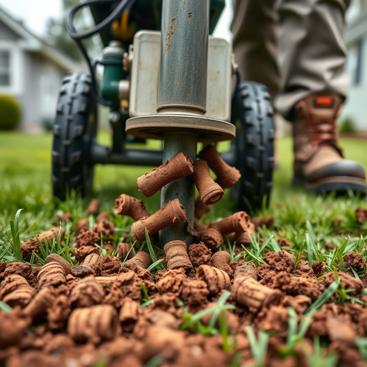 Core aerator pulling plugs from a compacted red clay lawn in Atlanta, GA