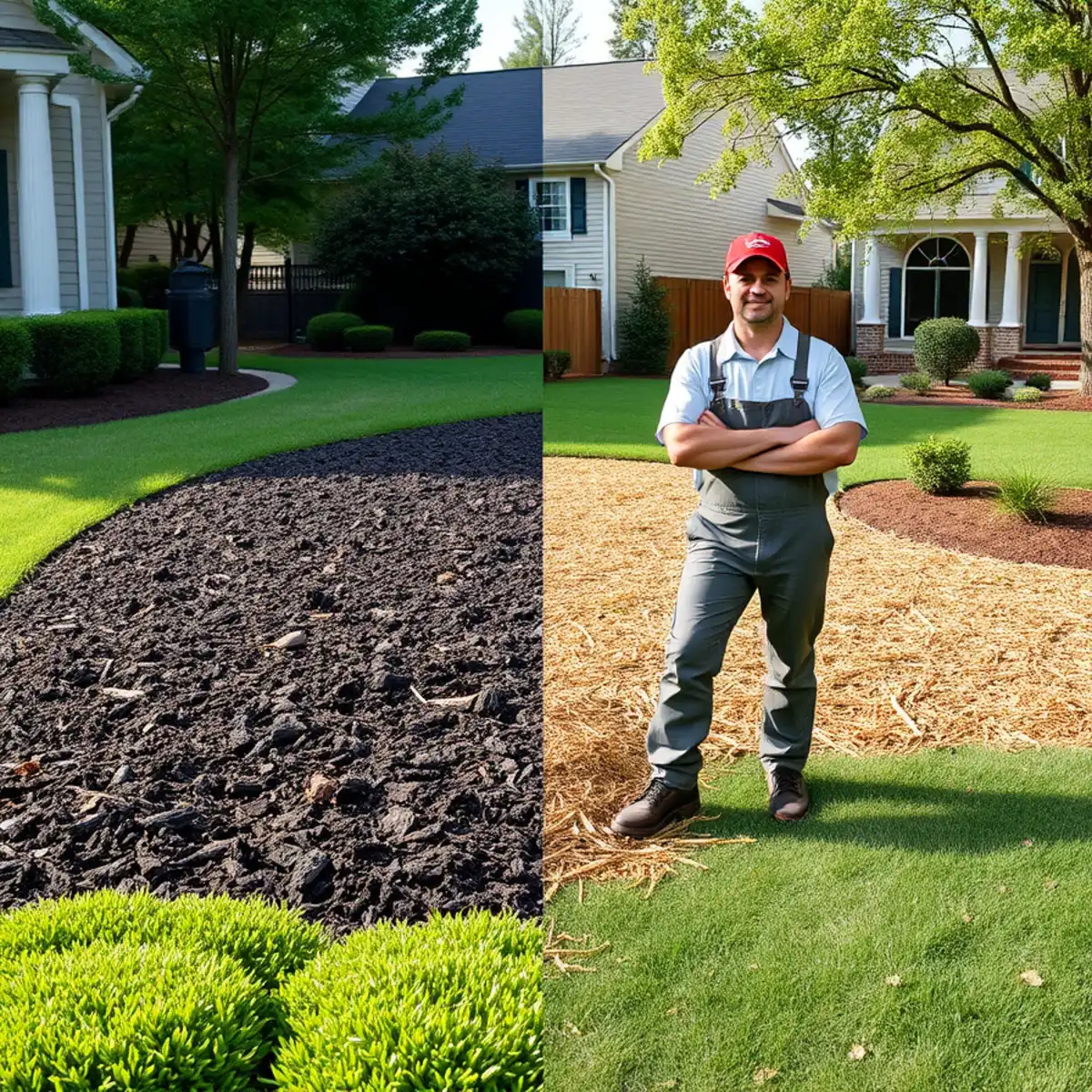 Fresh mulch bed next to a pine straw bed in an Atlanta landscape