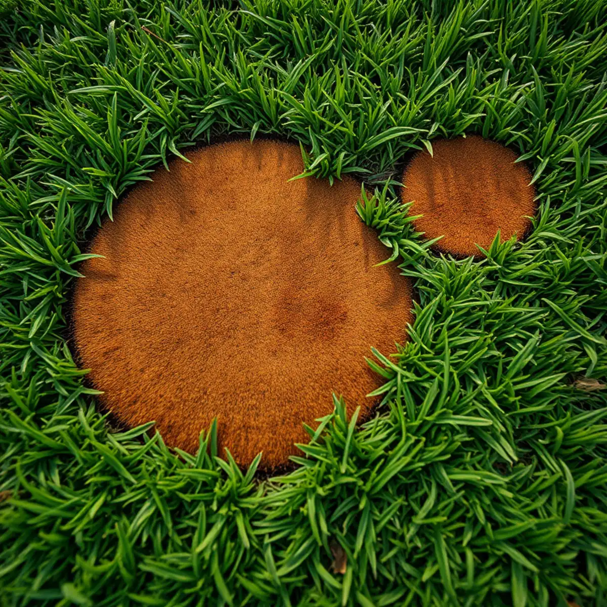 Circular brown patch disease spots spreading across a Georgia fescue lawn