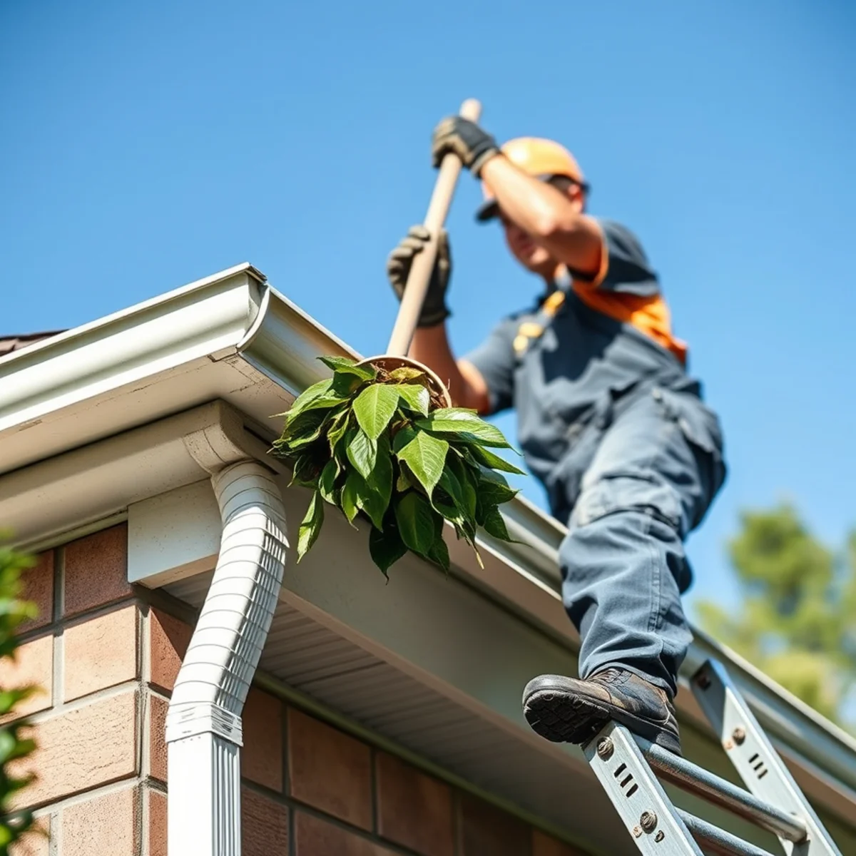 Clearing leaves and debris from a home's gutters in Atlanta, GA