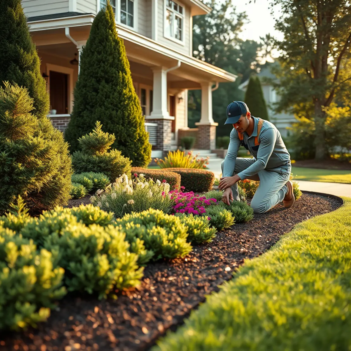 Freshly installed landscape design with plant beds at an Atlanta, GA home
