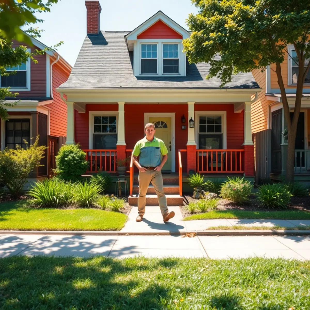 Colorful shotgun cottage with a tidy small yard in Cabbagetown, Atlanta GA