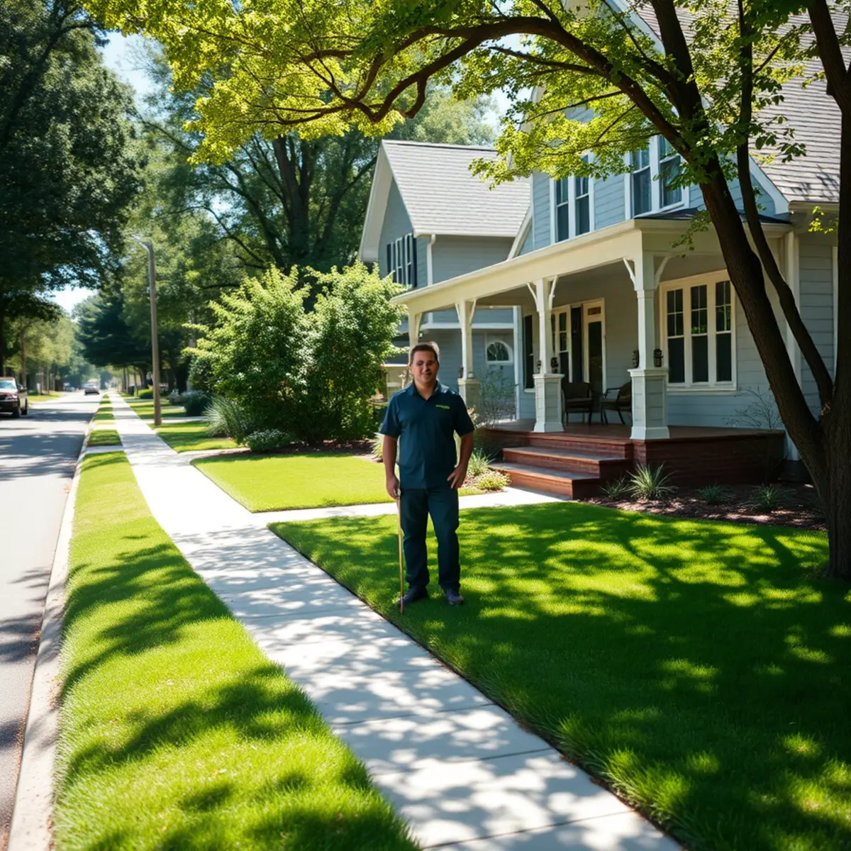 Craftsman home with a healthy fescue lawn on a shady street in Decatur, GA
