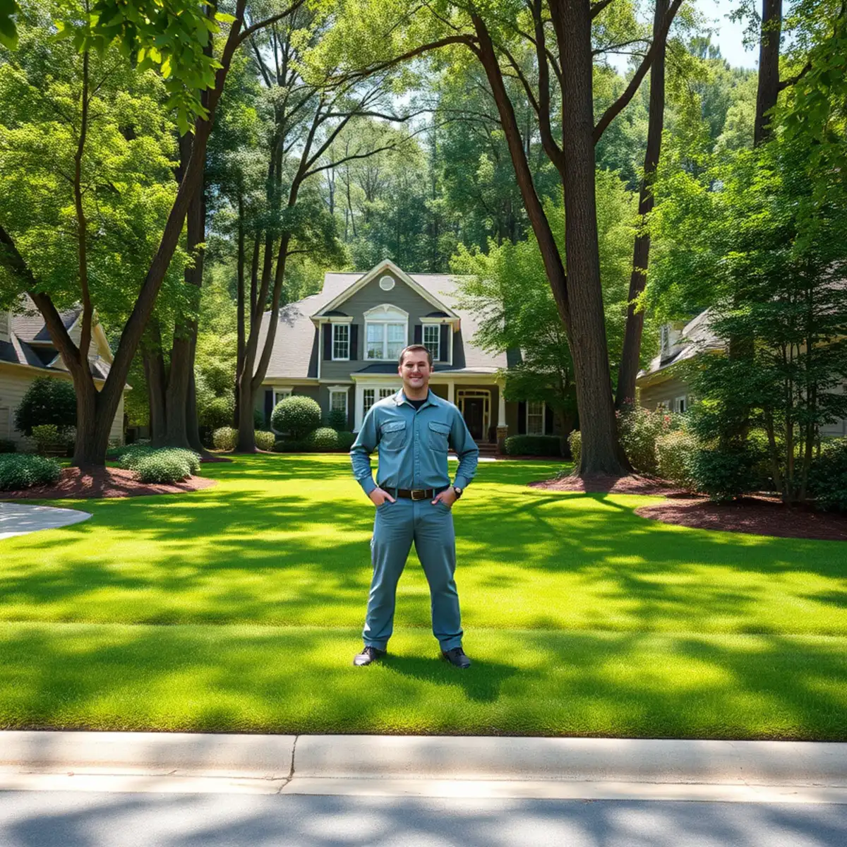 Wooded subdivision home with a healthy lawn in Dunwoody, GA