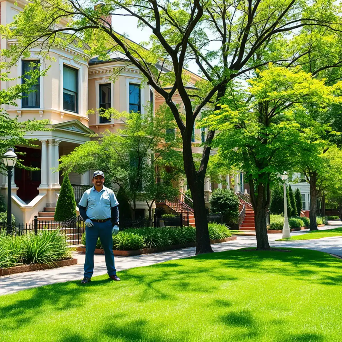 Historic townhomes with green frontage near Piedmont Park in Midtown Atlanta, GA