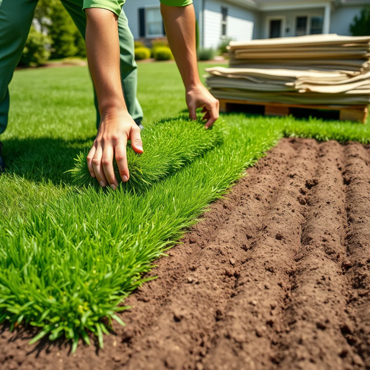 Fresh rolls of sod being laid over prepared soil at an Atlanta, GA home