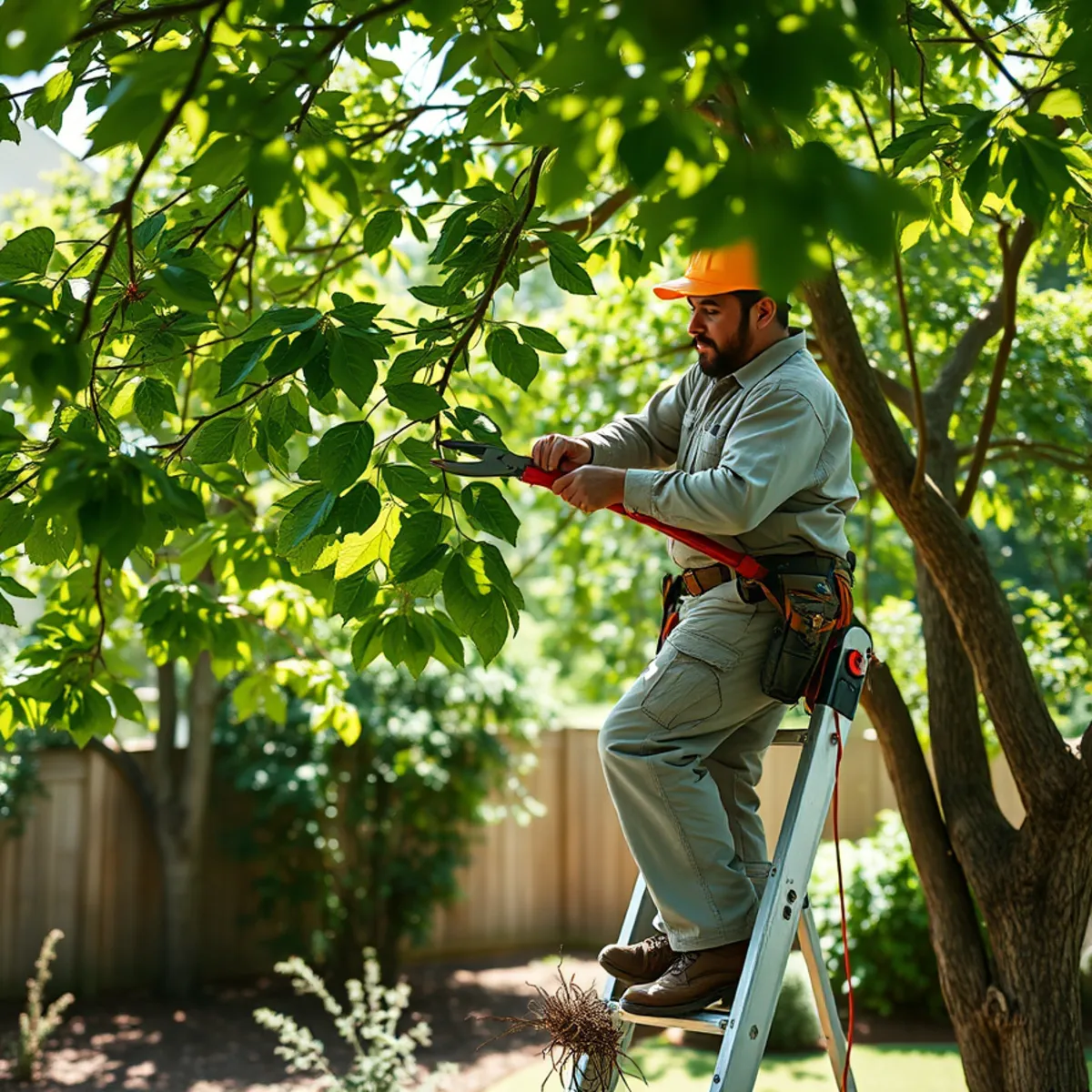 PinStripe crew member pruning tree limbs in an Atlanta, GA yard
